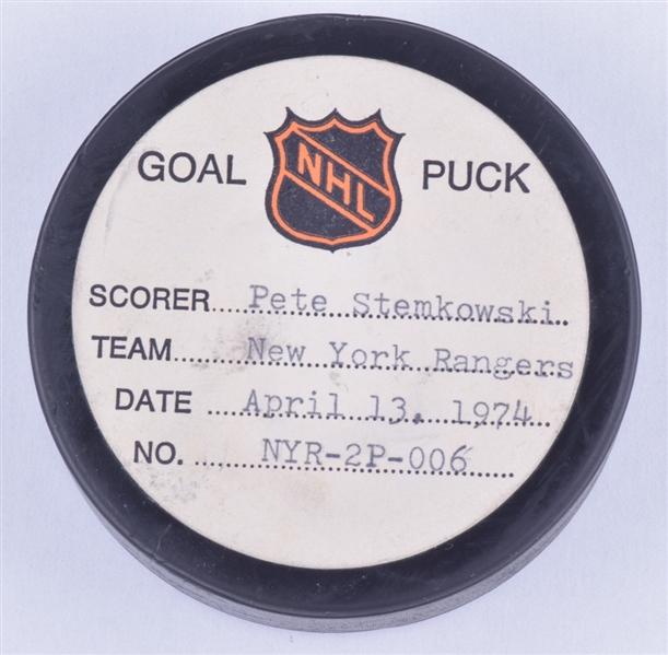 Pete Stemkowskis New York Rangers April 13th 1974 Playoff Goal Puck from the NHL Goal Puck Program - 1st Playoff Goal of Season / Career Playoff Goal #18