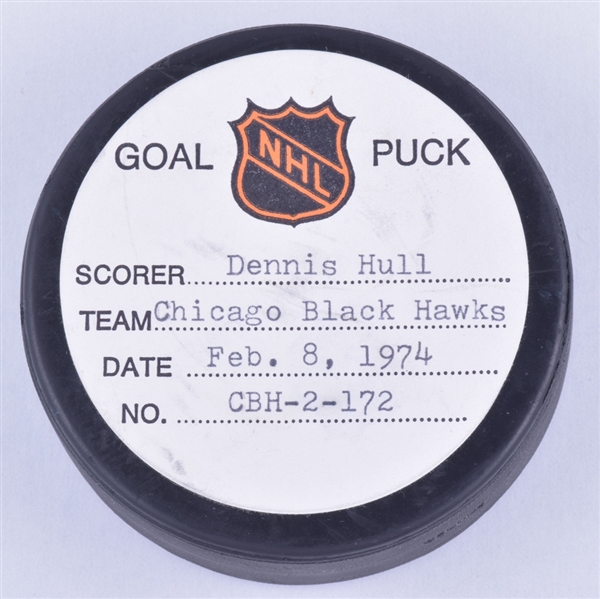 Dennis Hulls Chicago Black Hawks February 8th 1974 Goal Puck from the NHL Goal Puck Program - 20th Goal of Season / Career Goal #229