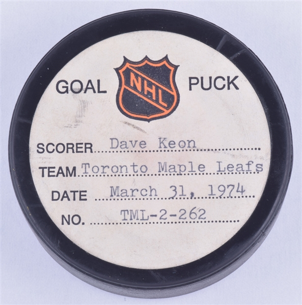 Dave Keons Toronto Maple Leafs March 31st 1974 Goal Puck from the NHL Goal Puck Program - 25th Goal of Season / Career Goal #349