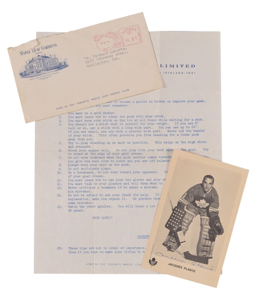 Deceased HOFer Jacques Plante Signed 1971-72 Toronto Maple Leafs Postcard Plus Goalie Tips Letter