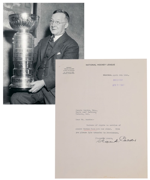 Deceased HOFer Frank Calder 1941 Signed Document on NHL Letterhead