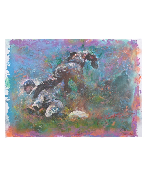 Stunning Ty Cobb Sliding into Jimmy Austin Original Painting on Canvas by Renowned Artist Murray Henderson (30” x 42”) 