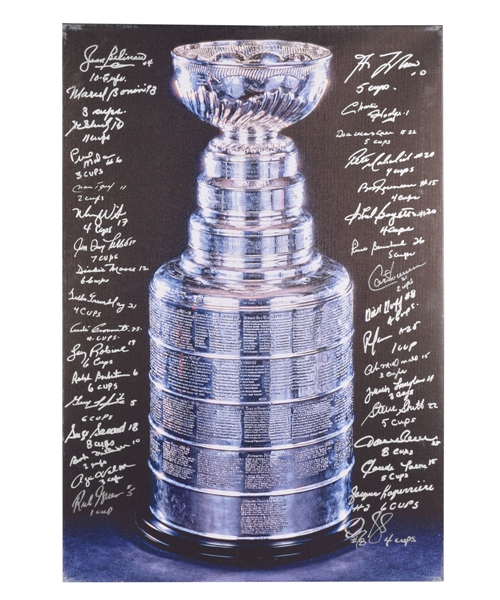 Montreal Canadiens Stanley Cup Print on Canvas Signed by 34 Stanley Cup Winners Including Cup Annotations with LOA (24" x 35") 