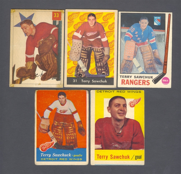 Terry Sawchuk 1955-70 Parkhurst and Other Brands Hockey Card Collection of 5 