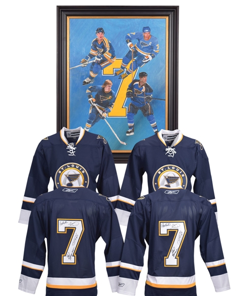 Gordon "Red" Berensons St. Louis Blues "Salute to #7" Framed Original Art on Canvas and Multi-Signed Jerseys (2) with His Signed LOA