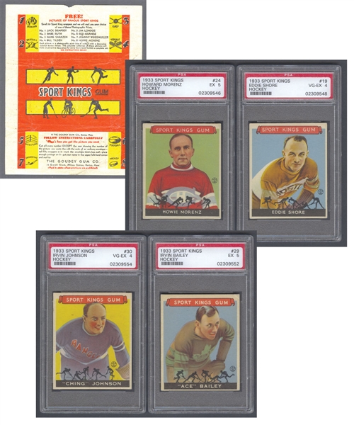 1933-34 Goudey Sport Kings Complete PSA-Graded 4-Card Hockey Set Plus Wrappers (2)
