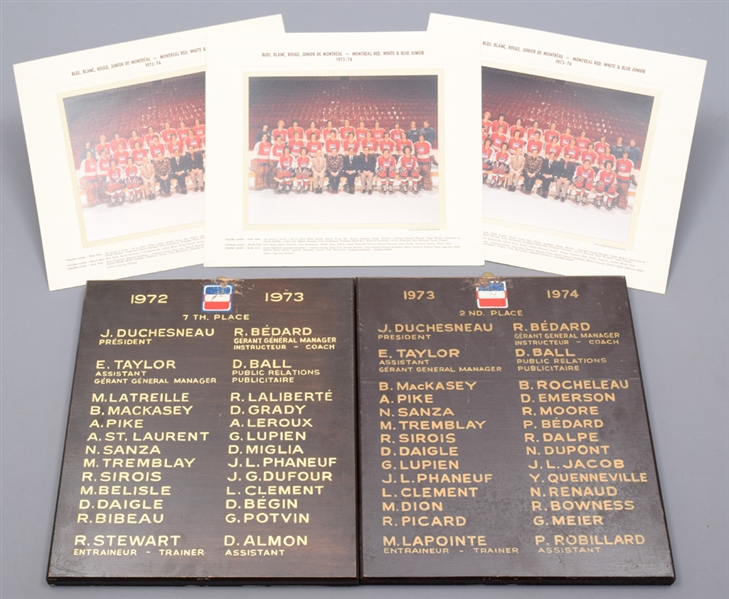 QMJHL Montreal Red White and Blue 1972-74 Montreal Forum Plaques (2) and 1973-74 Team Photos (3) - Mario Tremblay, Gilles Lupien, Michel Dion, Rick Bowness