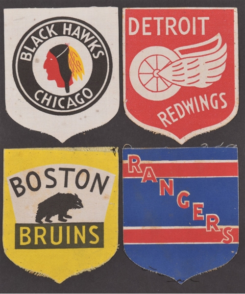 Bee Hive 1934-43 Premium NHL Team Shield Crest Collection of 4 Plus 1944-45 Bee Hive Toronto Maple Leafs Team Picture