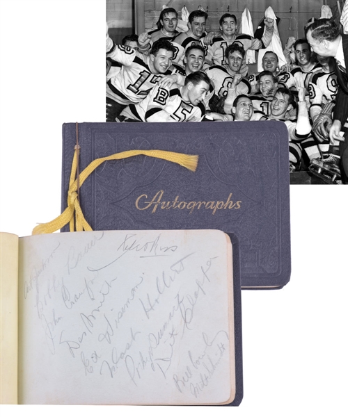 Boston Bruins 1941 Team-Signed Booklet Page Including Deceased HOFers Ross, Cowley, Bauer, Schmidt, Dumart and Clapper