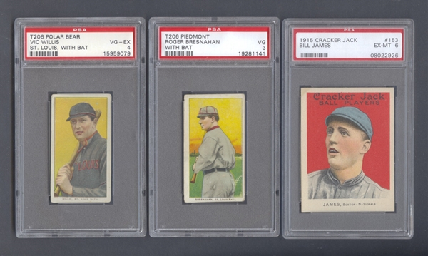 1909-11 T206 Baseball Cards of Roger Bresnahan and Vic Willis Plus 1915 Cracker Jack Card of Bill James - All PSA-Graded