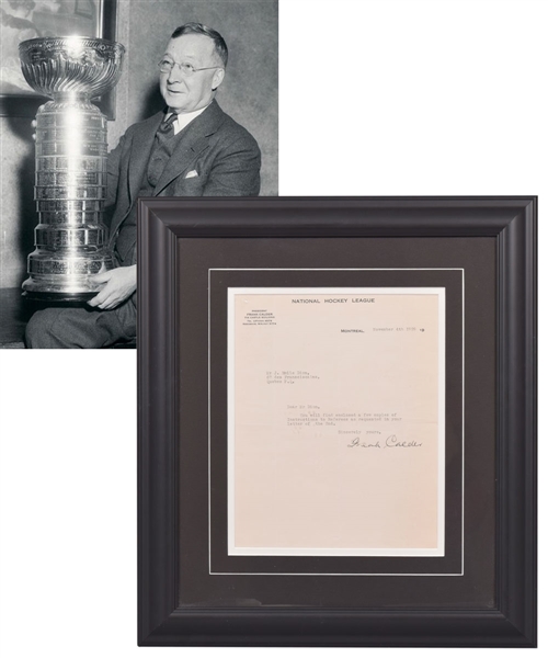 Deceased HOFer Frank Calder Framed 1929 Signed Document on NHL Letterhead (16" x 18")