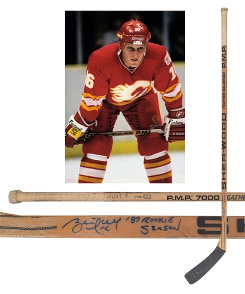 Brett Hulls 1987-88 Calgary Flames Signed Sher-Wood Game-Used Rookie Season Stick