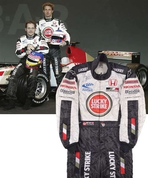 Jacques Villeneuves 2003 Lucky Strike BAR Honda F1 Team Signed Alpinestars Race-Worn Suit with His Signed LOA