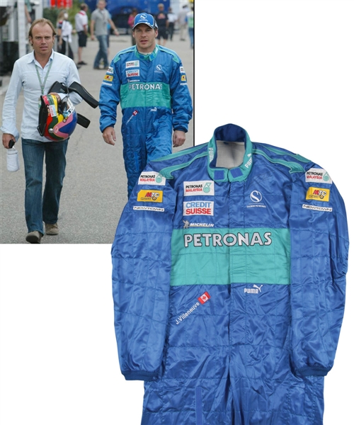 Jacques Villeneuves 2005 Credit Suisse Sauber Petronas F1 Team Signed Race-Worn Suit with His Signed LOA