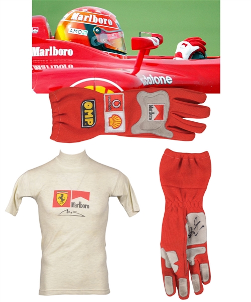 Michael Schumachers 2003 Ferrari Signed OMP Race Glove and Ferrari Nomex Undershirt with LOA