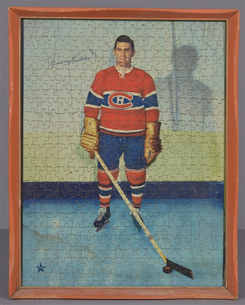 Maurice Richard Montreal Canadiens Collection with Signed Puck Framed Display, 1950s Jigsaw Framed Puzzle and Photo