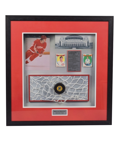 Marcel Dionnes Detroit Red Wings October 16th 1971 "1st NHL Goal" Goal Puck Framed Display with His Signed LOA