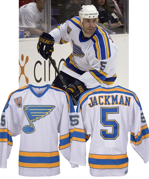 Barret Jackmans 2003-04 St Louis Blues "Vintage" Game-Worn Jersey with LOA - Photo-Matched!