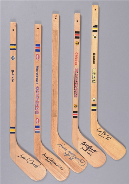 Signed Mini-Hockey Stick Collection of 15 with Many HOFers Including Lach, Delvecchio, Moore, Worlsey, Bower and Others