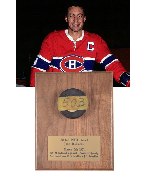Jean Beliveaus 1970-71 Montreal Canadiens 503rd NHL Career Goal Puck with His Signed LOA