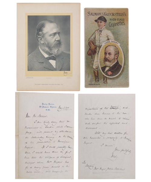 Lord Stanley 1897 Handwritten Letter Signed "Derby", Scarce 1900 Salmon & Gluckstein Tobacco Card and Mid-1890s "Earl of Derby" Photograph