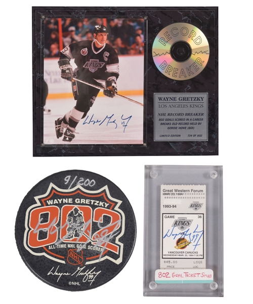 Wayne Gretzky Los Angeles Kings Signed "802 Goals" Limited-Edition Display, Signed "802 Goals" Ticket Stub and UDA Puck Plus Souvenir Pucks