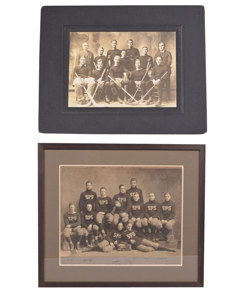 Hobey Baker Hockey and Football Photo Collection of 5 Including 1909 St. Paul School Football Team Framed Photo and 1911-12 Princeton Tigers Hockey Team Photo