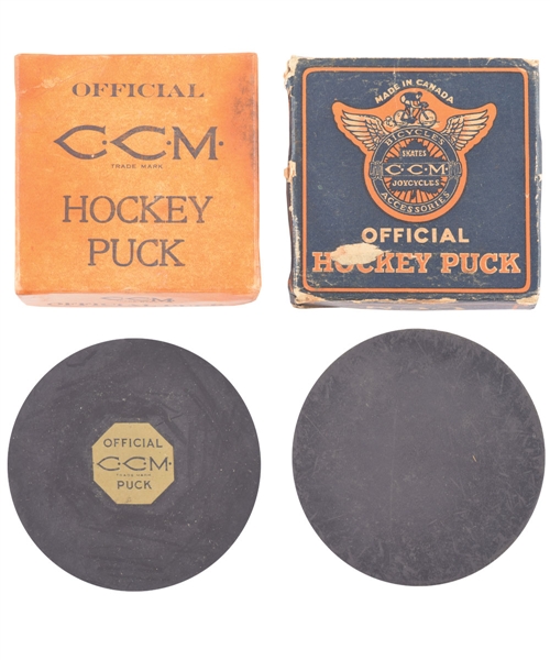 Vintage 1940s/1960s Hockey Puck in Original Box Collection of 5 Including CCM and Seamless Rubber Co