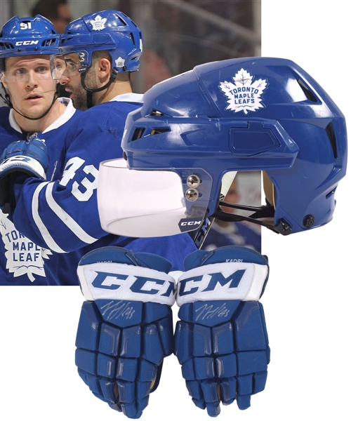 Nazem Kadris 2016-17 Toronto Maple Leafs Signed Game-Worn Photo-Matched Playoffs Helmet and Signed Game-Used Gloves