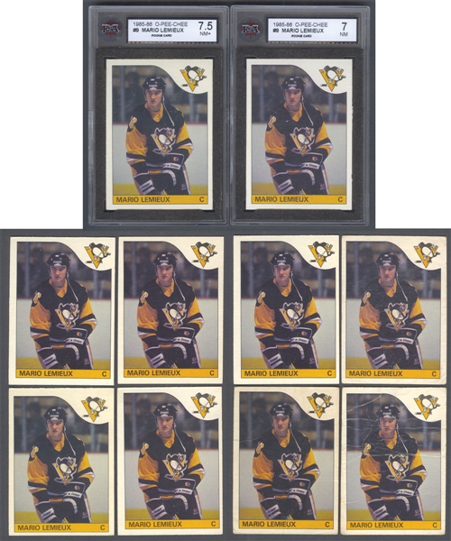 1985-86 O-Pee-Chee Hockey #9 HOFer Mario Lemieux Rookie Card Collection of 10 Including KSA-Graded 7 and KSA-Graded 7.5 Cards