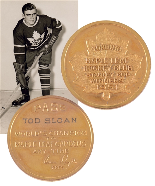 Tod Sloans 1950-51 Toronto Maple Leafs Stanley Cup Champions Maple Leaf Gardens 10K Gold Lifetime Pass with Family LOA