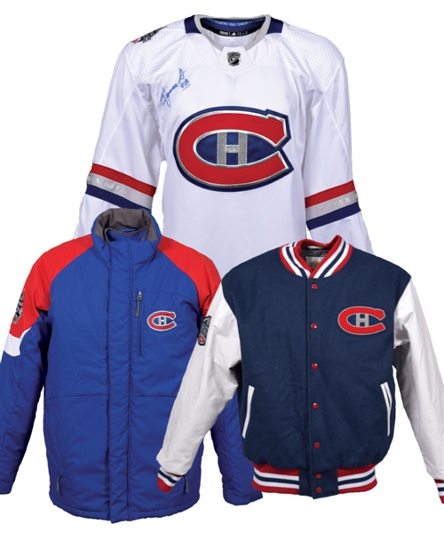 J.J. Daigneaults 2017 "NHL 100 Classic" Montreal Canadiens Official Team Jackets (2) and Signed Jersey with His Signed LOA