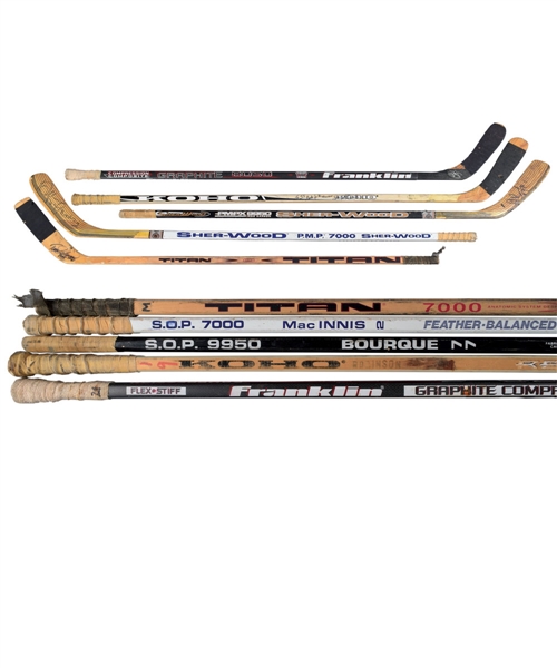 HOFers Signed Game-Used Stick Collection of 5 Including Francis, Bourque, MacInnis, Robinson and Selanne from J.J. Daigneaults Collection with His Signed LOA 