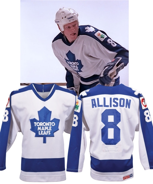 Mike Allisons 1986-87 Toronto Maple Leafs Game-Worn Jersey - Team Repairs! - Heart and Clancy Patches!