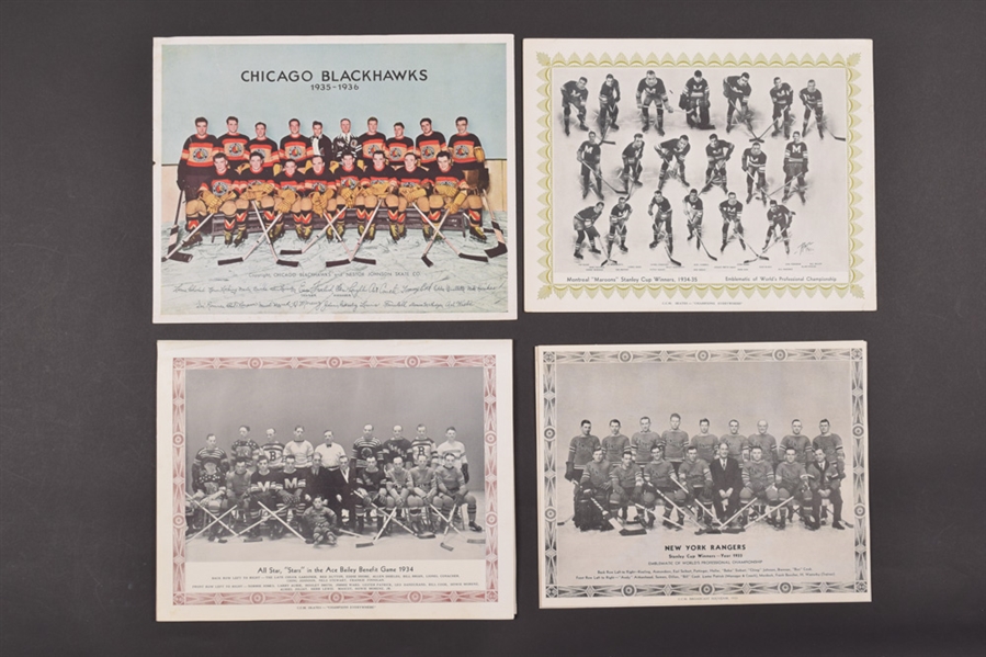 1932-33, 1933-34, and 1934-35 CCM Team Picture Near Sets Plus 1935-36 Chicago Black Hawks Team Picture with Morenz