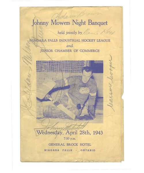 Johnny Mowers 1943 Night Banquet Multi-Signed Program Including Nelson Stewart, Jack Adams and Dave Kerr - Presentation of Vezina Trophy to Mowers