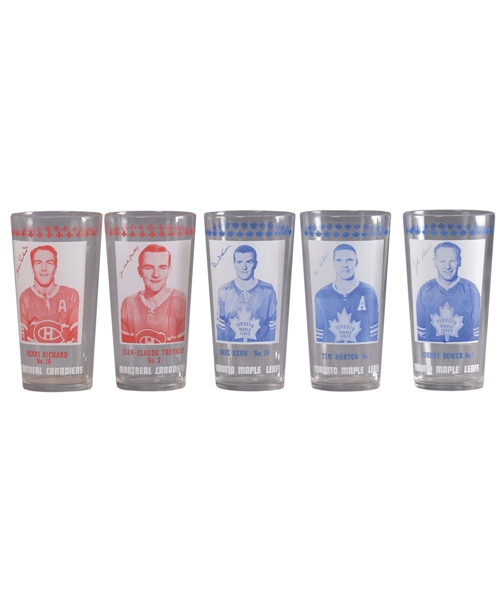 1967-68 York Peanut Butter Montreal Canadiens and Toronto Maple Leafs Hockey Premium Glass Collection of 5 (Near Complete Set)