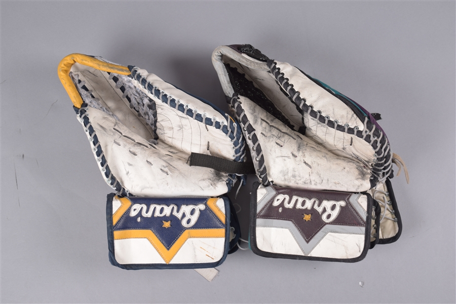 Dominic Roussels Late-1990s Anaheim Mighty Ducks Brians Signed Game-Used Blockers (2) and 2000-01 Edmonton Oilers Signed Koho Game-Used Glove and Blocker