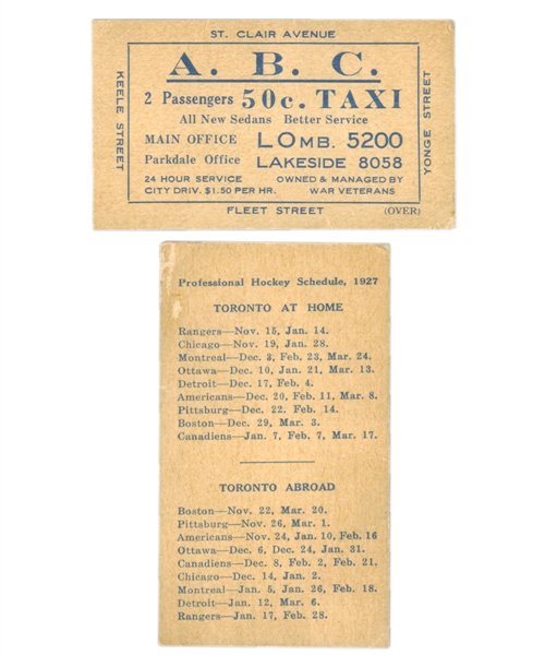 Vintage Hockey Schedule Collection of 5 Including 1927-28 Toronto Maple Leafs A.B.C. Taxi Schedule – First Season as The Maple Leafs! 