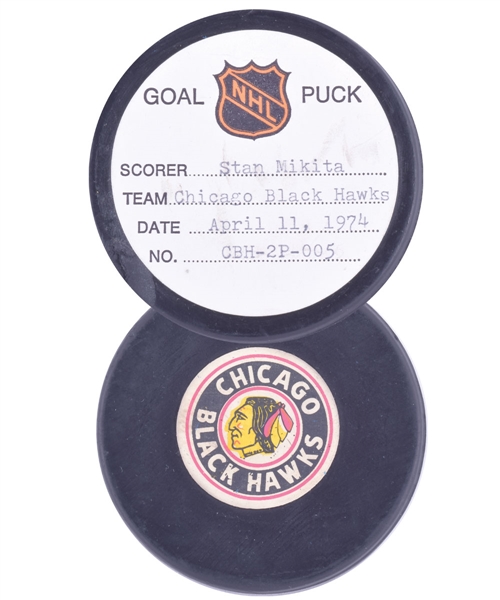 Stan Mikitas Chicago Black Hawks April 11th 1974 Playoff Goal Puck from the NHL Goal Puck Program - 2nd Playoff Goal of Season / Career Playoff Goal #50 - Game-Winning Goal