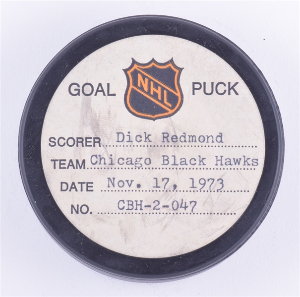 Dick Redmonds Chicago Black Hawks November 17th 1973 Goal Puck from the NHL Goal Puck Program - 3rd Goal of Season / Career Goal #37