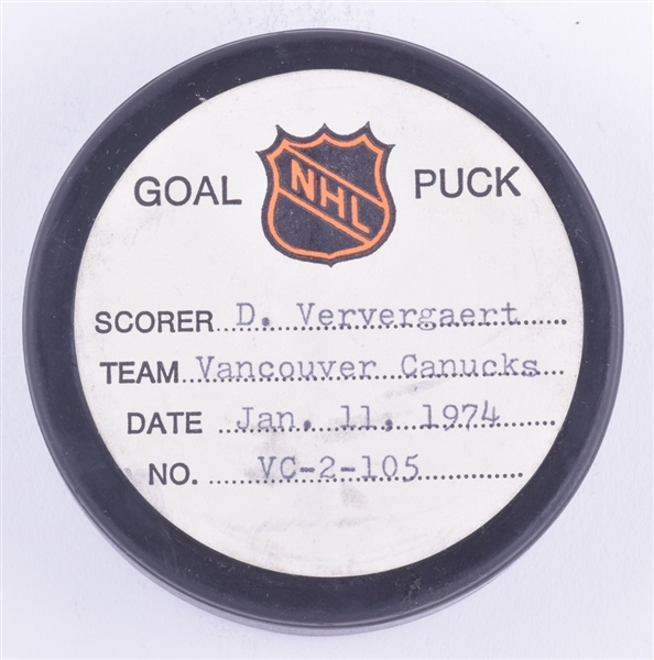 Dennis Ververgaerts Vancouver Canucks January 11th 1974 Goal Puck from the NHL Goal Puck Program - 10th Goal of Rookie Season / Career Goal #10