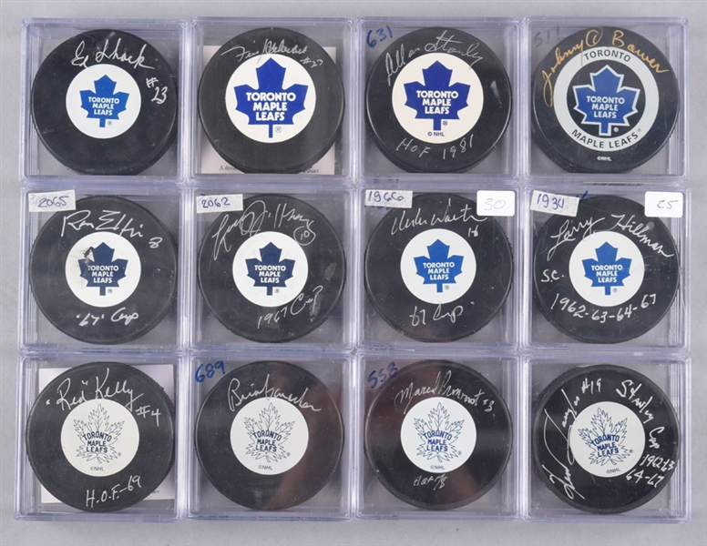 Toronto Maple Leafs 1967 Stanley Cup Champions Signed Puck Collection of 12 including Hall of Fame Members Pronovost, Kelly, Stanley and Bower with LOA