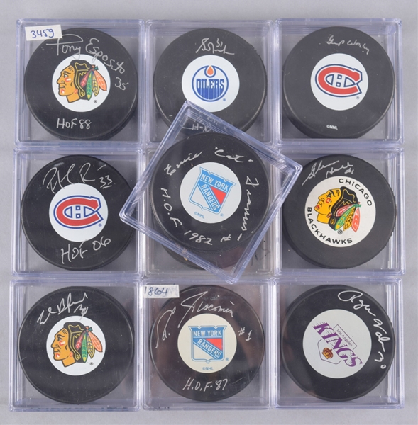 Hall of Fame Goalie Signed Puck Collection of 10 Including Roy, Giacomin and Francis with LOA