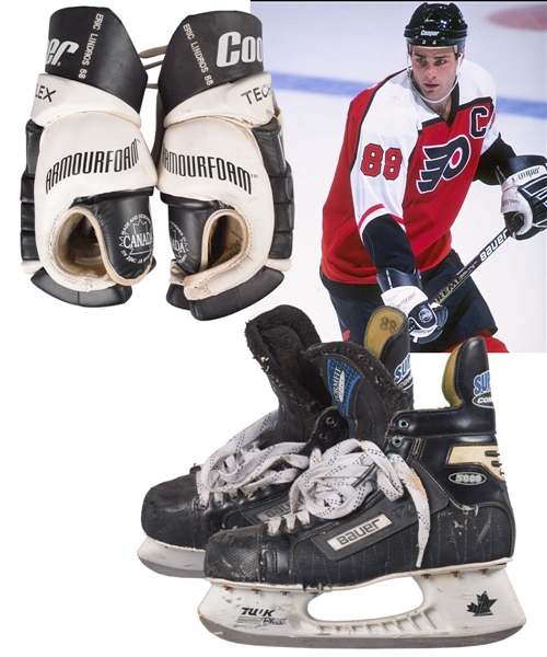 Eric Lindros Mid-1990s Philadelphia Flyers Cooper Game-Used Gloves and Bauer Game-Used Skates Plus Game-Worn Bauer Pant Shell and Cooper Pants with His Signed LOA