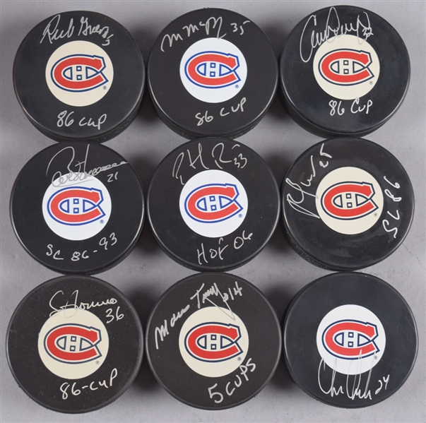 Montreal Canadiens 1986 Stanley Cup Champions Signed Puck Collection of 9 Including Hall of Fame Members Patrick Roy and Chris Chelios with LOA