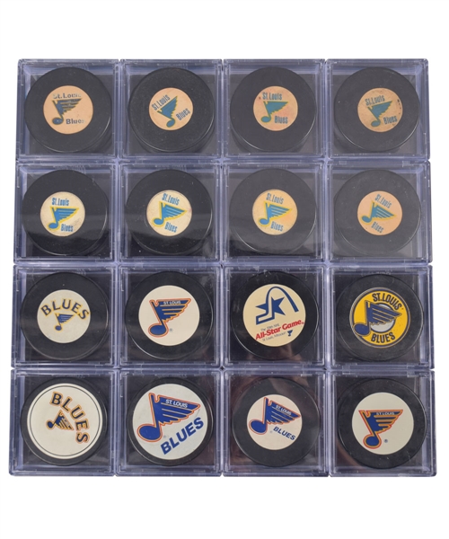 St. Louis Blues 1968-95 Converse, Viceroy, General Tire and In Glas Co Official NHL Game Puck Collection of 74 Plus Others