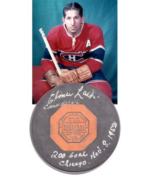 Elmer Lachs November 8th 1952 Montreal Canadiens "200th Goal" NHL Milestone Puck with His Signed LOA