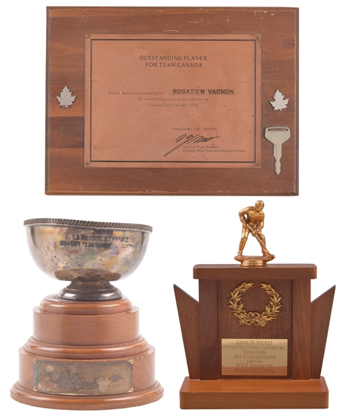 Rogatien Vachons 1976 Canada Cup Team Canada Outstanding Player Plaque Plus 1963-64 NDG Monarchs Trophies (2) and Signed Montreal Canadiens Pennant