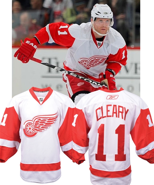 Dan Clearys 2009-10 Detroit Red Wings Game-Worn Jersey with Team COA - 20+ Team Repairs!